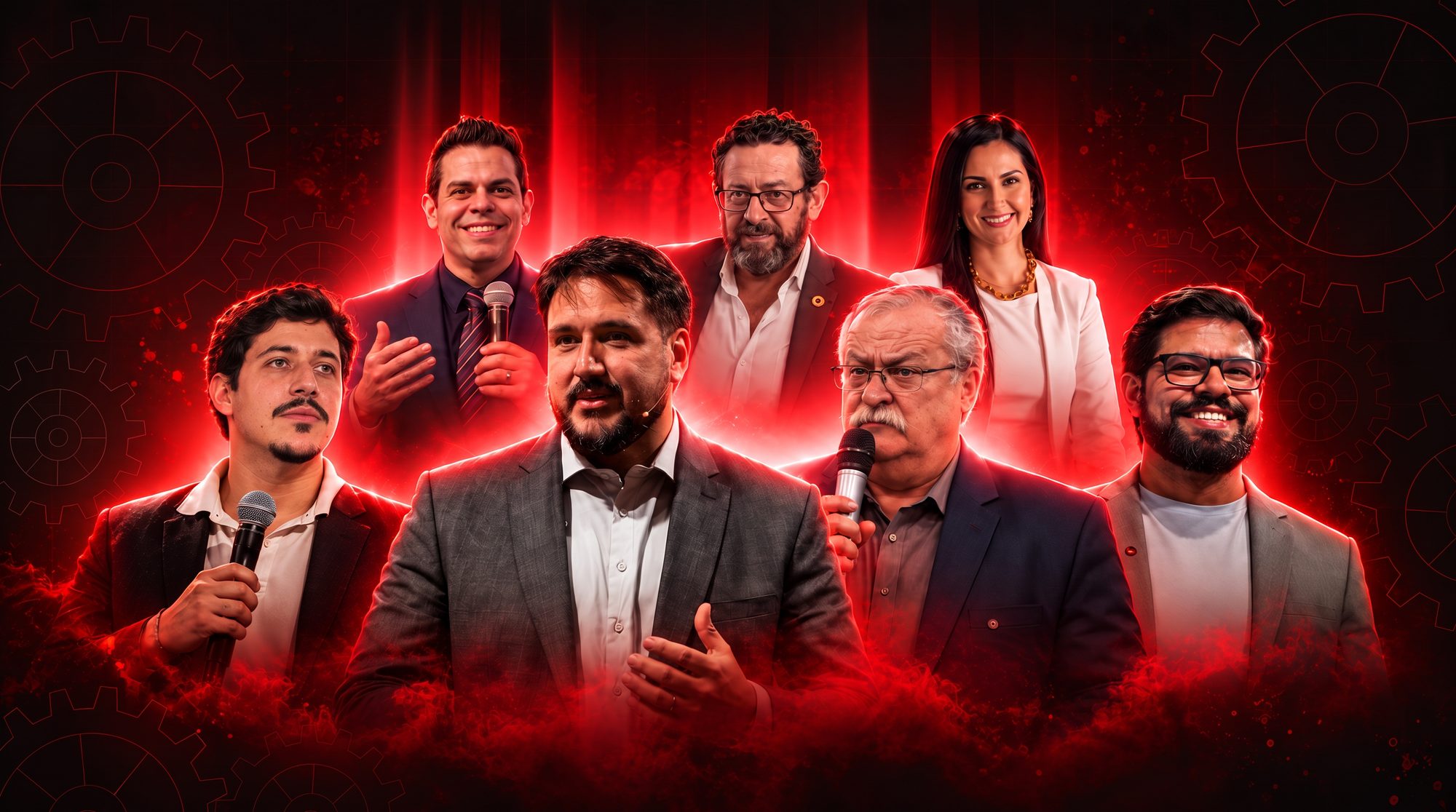 Engrenagem Empresarial 2026: o mestre de cerimônia Milvon Junior e os especialistas Alexandre Biudes, Alexandre Paixão, Wagner Villalva, Raquel Yanssen, Kennedy Brasil e Bruno Martos